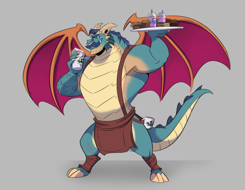 activision anthro barista beverage biceps blue_hair cake coffee cup dessert dragon dragon_tail facial_hair food gavin_(spyro) hair horn male muffin muscular muscular_anthro muscular_male mustache polartoons scalie solo spyro_reignited_trilogy spyro_the_dragon thebluebear27 video_games wings