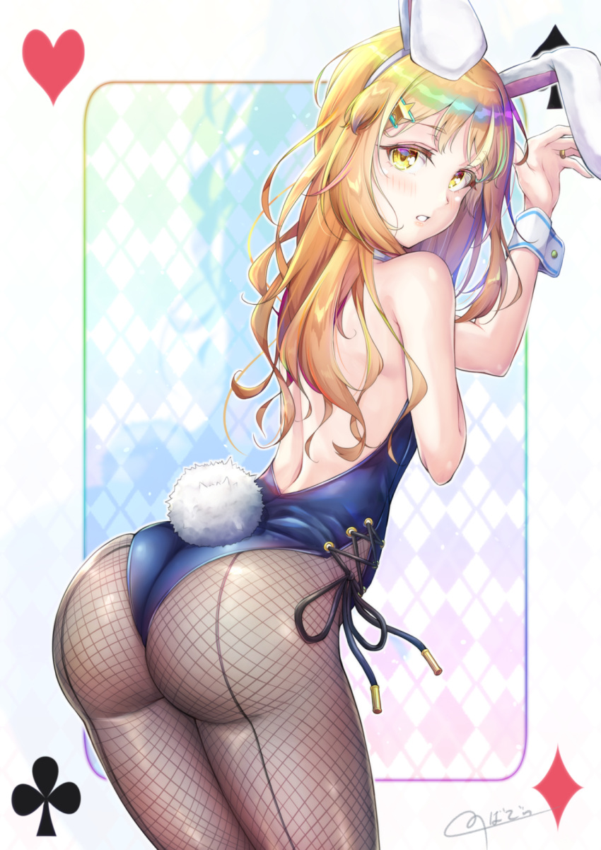 1boy animal_ears ass bare_shoulders blonde_hair blush bunny_ears bunny_tail card crossdressing embarrassed fake_animal_ears fishnet_legwear fishnets from_behind highres leotard long_hair looking_at_viewer looking_back male_focus male_playboy_bunny natsusora_wakana nobady original otoko_no_ko pantyhose playboy_bunny playing_card shiny shiny_clothes shiny_hair shiny_skin solo tail thighs yellow_eyes