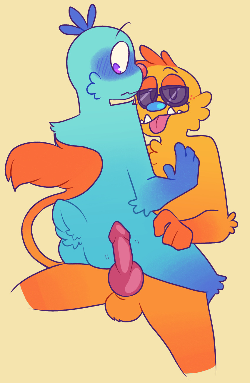 absurd_res ambiguous_gender animal_genitalia animal_penis anthro balls blue_body blue_fur blush blush_lines blushing_profusely bugsnax canine_penis duo erection filbo_fiddlepie fur genitals grumpus hi_res knot male male/ambiguous orange_body orange_fur penis seductive simple_background sirtoasterbutt smile tongue tongue_out video_games