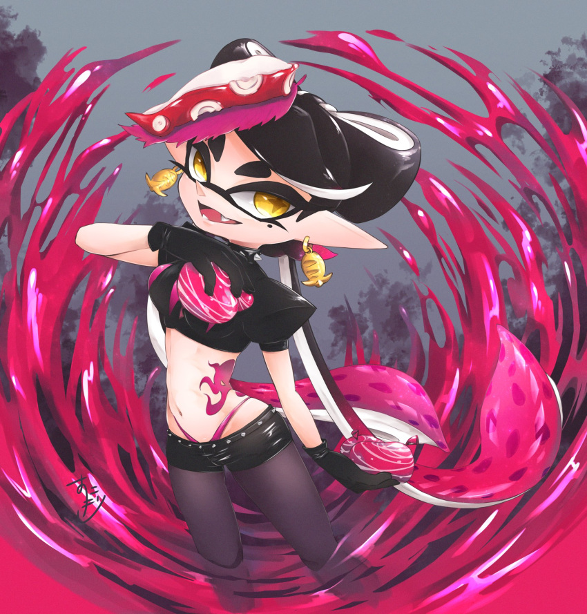 +_+ 1girl artist_name bangs belt black_belt black_choker black_gloves black_legwear black_shirt black_shorts burst_bomb_(splatoon) callie_(splatoon) choker crop_top domino_mask earrings fangs food food_on_head gloves highleg highleg_panties highres holding holding_weapon jewelry legwear_under_shorts long_hair looking_at_viewer lowleg lowleg_shorts mask midriff mole mole_under_eye navel object_on_head okome_2g2g open_mouth paint_splatter panties pantyhose pointy_ears puffy_short_sleeves puffy_sleeves purple_panties shirt short_shorts short_sleeves shorts signature smile solo spiked_belt spiked_choker spikes splatoon_(series) splatoon_2 standing stomach_tattoo sushi swept_bangs tako-san_wiener tattoo tentacle_hair tied_hair underwear very_long_hair weapon yellow_eyes