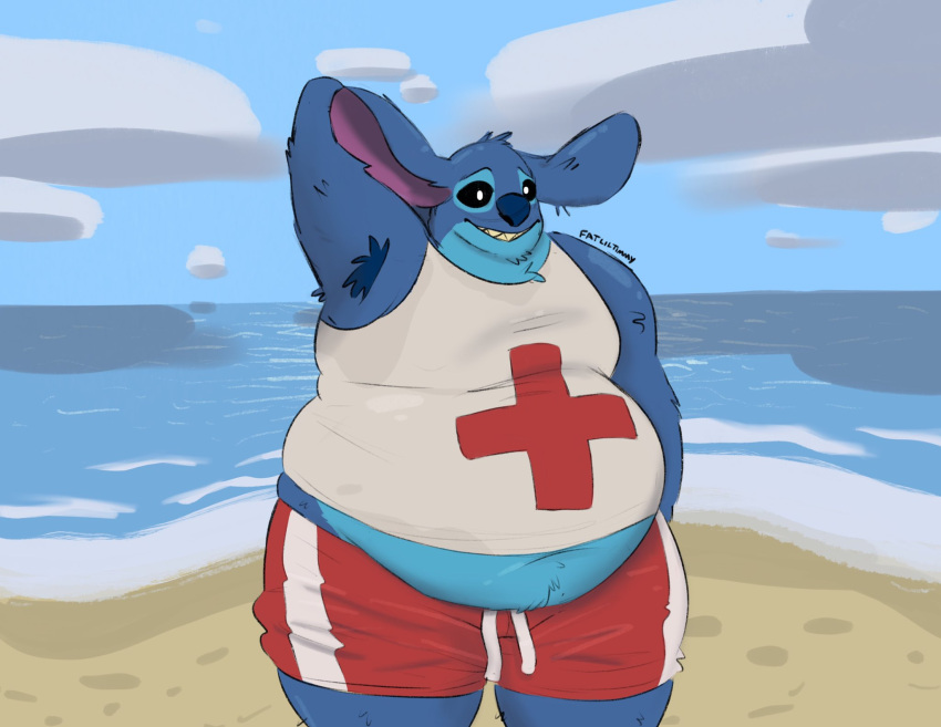 2021 alien anthro armpit_hair beach belly black_eyes blue_body blue_fur blue_nose body_hair bottomwear clothing day disney experiment_(lilo_and_stitch) eyebrows fatliltimmy fur hand_behind_head hi_res lifeguard lilo_and_stitch male navel notched_ear outside overweight overweight_anthro overweight_male raised_inner_eyebrows sea seaside shorts solo standing stitch_(lilo_and_stitch) water