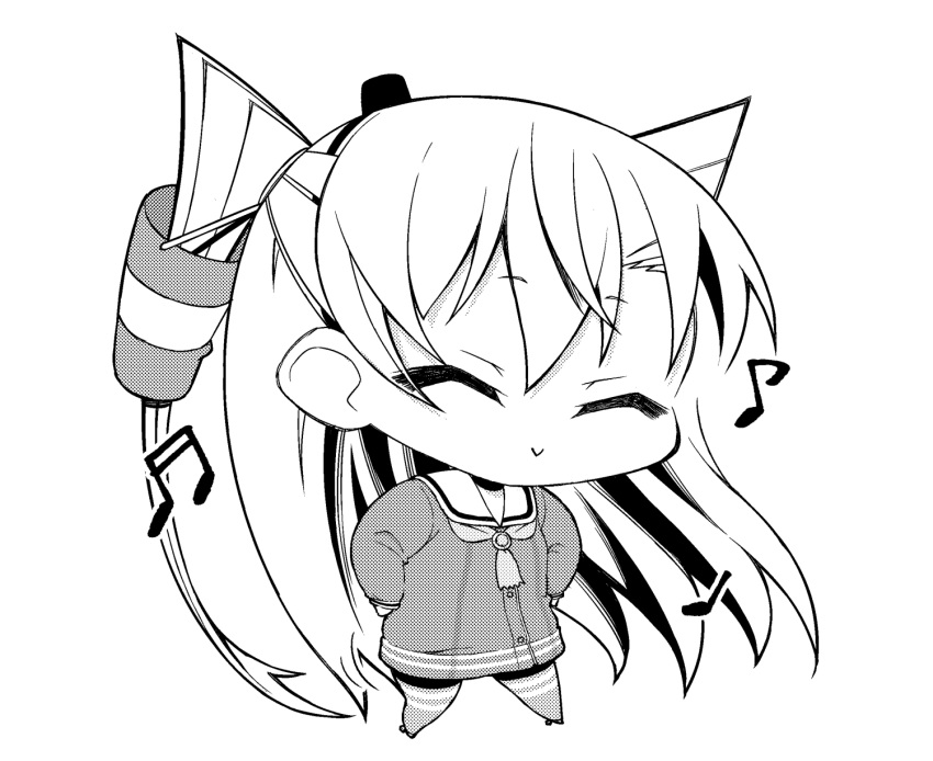 1girl amatsukaze_(kantai_collection) ataru_(ataru-littlebird) beamed_sixteenth_notes chibi choker closed_eyes commentary_request dancing dress eighth_note full_body greyscale hair_tubes hands_on_hips hat highres kantai_collection lifebuoy_ornament mini_hat monochrome musical_note quarter_note sailor_collar sailor_dress simple_background smokestack_hair_ornament solo two_side_up windsock