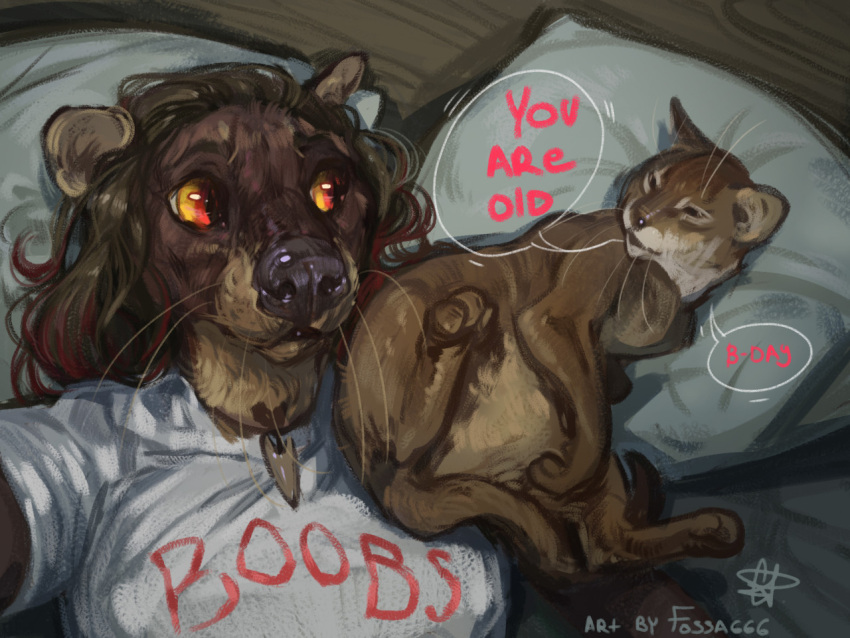 2021 4:3 ambiguous_gender anthro breasts clothed clothing digital_media_(artwork) domestic_cat duo english_text euplerid felid feline felis female fossa fossa666 mammal paws red_eyes shirt text text_on_clothing text_on_shirt text_on_topwear topwear yellow_sclera