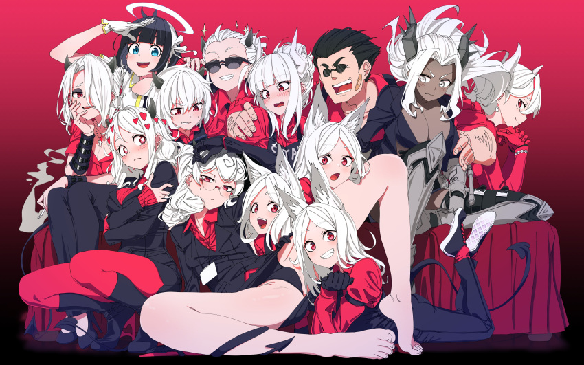 1boy 6+girls :d absurdres animal_ears apron arm_garter arm_up azazel_(helltaker) bandaid bangs bare_legs barefoot beelzebub_(helltaker) black-framed_eyewear black_hair black_horns black_panties black_suit black_tail black_vest blue_eyes blush boots breasts cerberus_(helltaker) cigarette closed_eyes closed_mouth clothes_writing commentary cross cross_necklace demon_girl demon_tail dog_ears dog_girl everyone eyebrows_visible_through_hair fang feet formal glasses gloves gradient gradient_background grin hair_between_eyes hair_over_one_eye halo harem heart heart-shaped_pupils helltaker helltaker_(character) highres horns hug hug_from_behind jacket jewelry judgement_(helltaker) justice_(helltaker) long_hair long_sleeves looking_at_another looking_at_viewer lucifer_(helltaker) lying malina_(helltaker) modeus_(helltaker) mole mole_under_eye multiple_girls multiple_persona necklace necktie on_stomach one_eye_closed open_mouth pandemonica_(helltaker) panties pantyhose ponytail red_background red_eyes red_shirt shinomu_(cinomoon) shirt short_hair sitting smile sparkle spread_legs suit sunglasses sweatdrop symbol-shaped_pupils tail triplets underwear vest waistcoat white_hair white_horns zdrada_(helltaker)