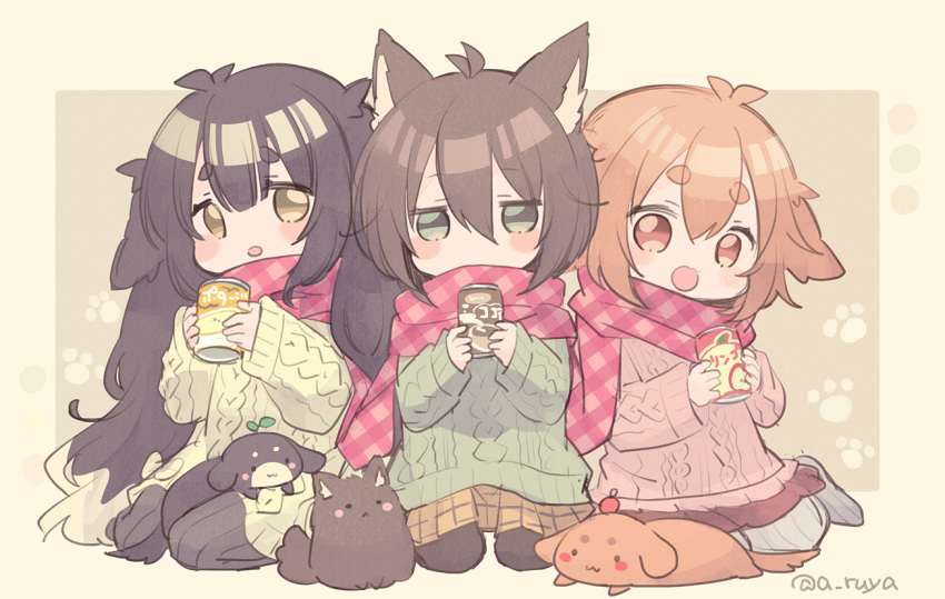 animal animal_ears aruya blush brown_eyes brown_hair cat dog green_eyes long_hair original scarf short_hair skirt watermark