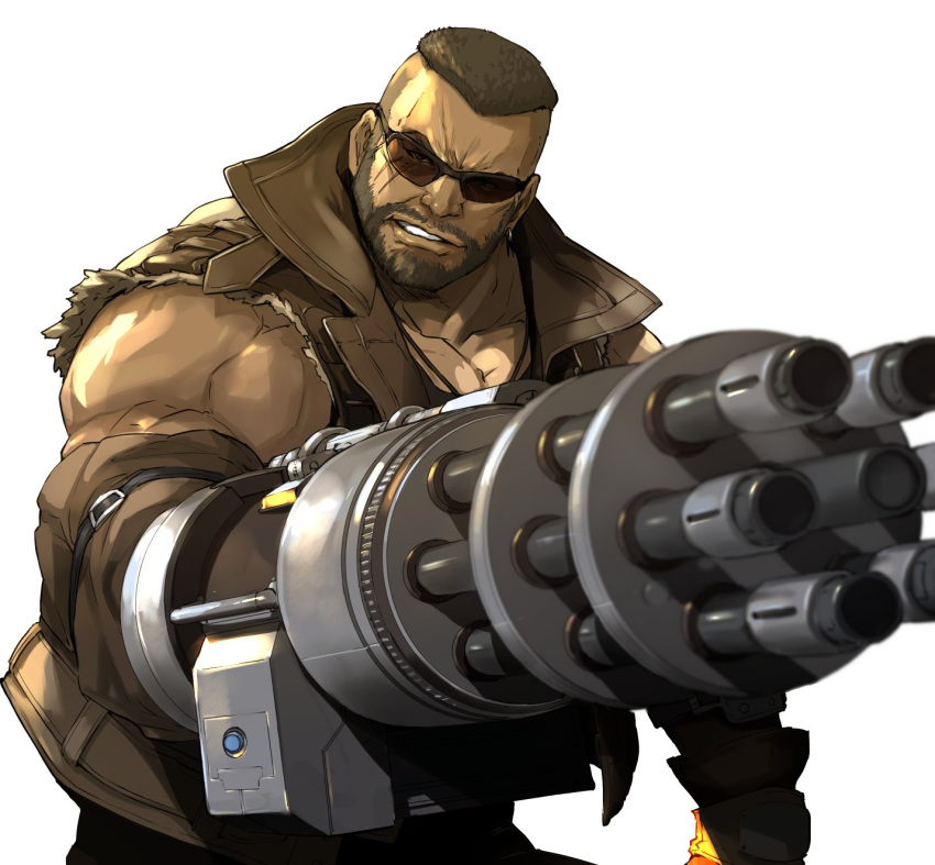 1boy arm_cannon barret_wallace biceps clenched_teeth dark_skin dark_skinned_male enami_katsumi final_fantasy final_fantasy_vii final_fantasy_vii_remake gatling_gun highres looking_to_the_side muscular muscular_male simple_background sleeveless solo sunglasses teeth torn_clothes torn_sleeves upper_body vest weapon