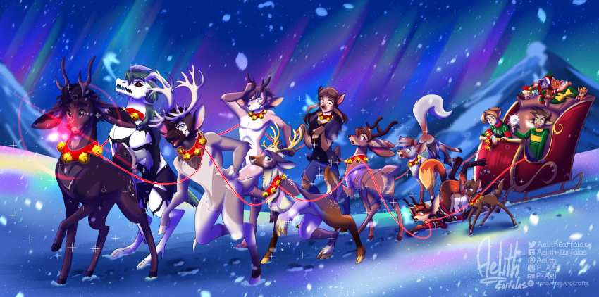 anthro antlers aurora_borealis bell blitzen brown_body brown_fur canid canine capreoline cervid christmas clothing cloven_hooves collar comet_(reindeer) cupid dancing dasher donner female feral fox fur glowing glowing_nose group harness hi_res holidays hooves horn human human_to_anthro human_to_feral jingle_bell leash male mammal p-aei prancer red_nose reindeer rudolph_the_red_nosed_reindeer sleigh snow species_transformation sweater topwear transformation winter