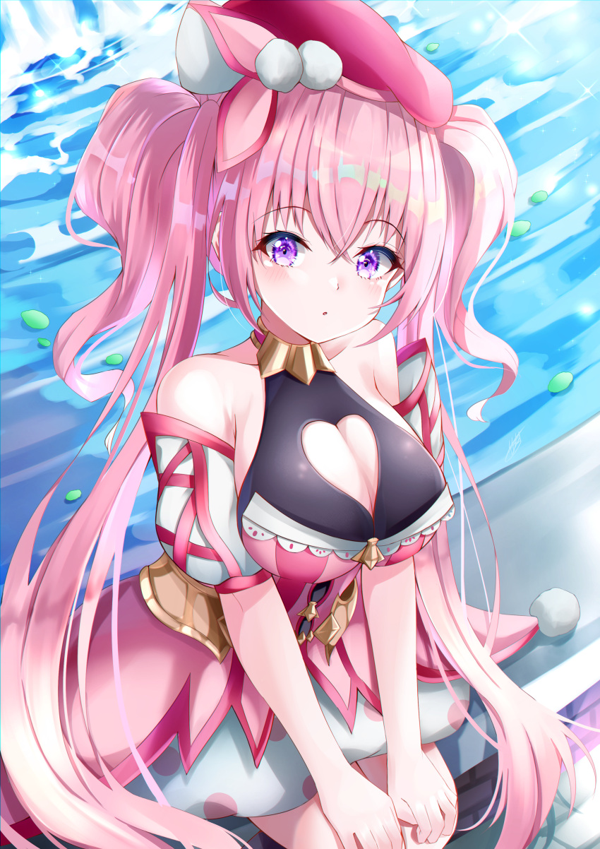 1girl :o absurdres bangs bare_shoulders blush breasts cleavage cleavage_cutout clothing_cutout eyebrows_visible_through_hair hair_between_eyes hand_on_own_knee hat heart_cutout highres large_breasts long_hair looking_at_viewer parted_lips pink_hair pink_headwear princess_connect! princess_connect!_re:dive purple_eyes sitting solo takemura_kou tsumugi_(princess_connect!) twintails very_long_hair wariza water