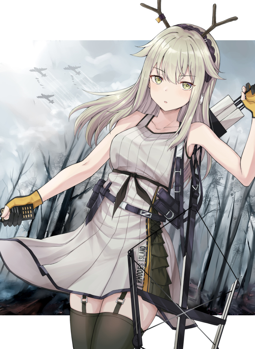 1girl absurdres antlers arknights bangs bare_arms bare_shoulders black_legwear bow_(weapon) breasts commentary_request cowboy_shot crossbow dress eyebrows_visible_through_hair firewatch_(arknights) firewatch_(wilted_cypress)_(arknights) garter_straps gloves grey_dress grey_eyes grey_hair highres holding long_hair looking_at_viewer mango_(mgo) official_alternate_costume parted_lips short_dress sleeveless sleeveless_dress small_breasts solo standing thighhighs weapon zettai_ryouiki