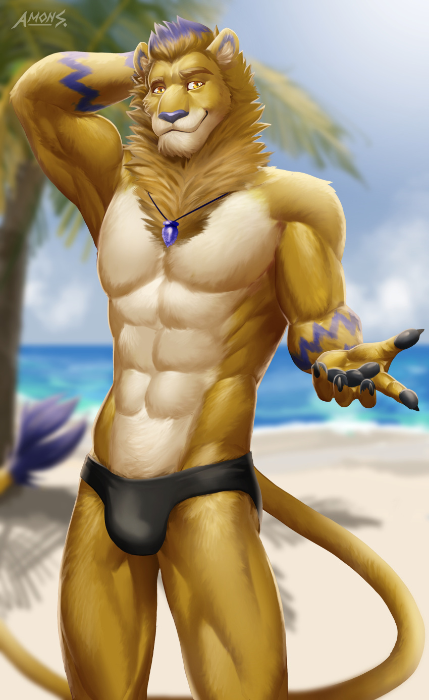 abs absurd_res amon-sydonai anthro beach felid hi_res lion male mammal muscular palm_tree pantherine plant seaside solo tree