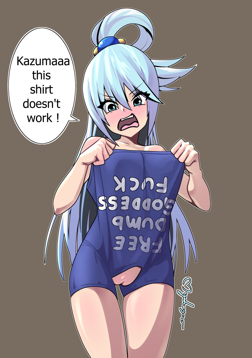 1girl absurdres aqua_(konosuba) blue_eyes blue_hair breasts commentary english_commentary english_text fuck-me_shirt hair_rings highres kono_subarashii_sekai_ni_shukufuku_wo! long_hair medium_breasts meme_attire myahogao naked_shirt no_panties pussy shirt skindentation solo speech_bubble t-shirt thigh_gap uncensored wardrobe_error