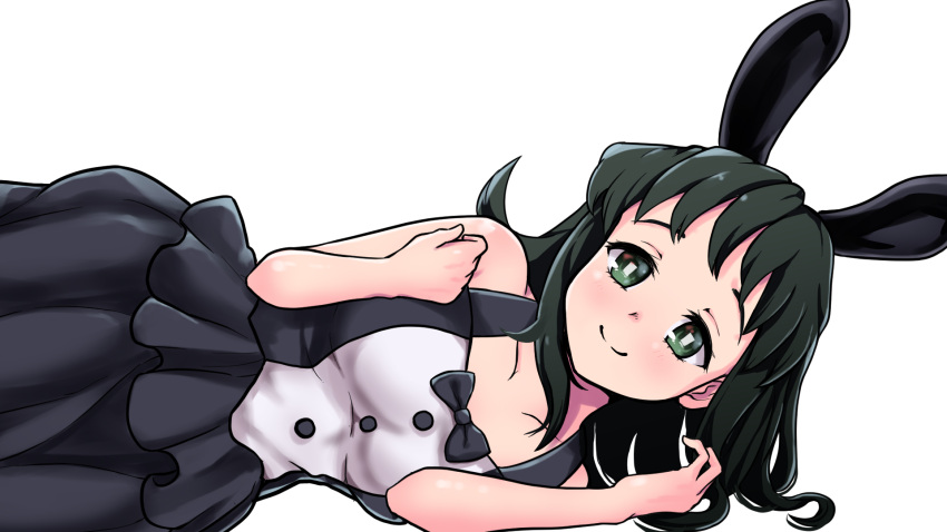 1girl alternate_costume animal_ears blush bow bowtie breasts bunny_ears cleavage dress green_eyes green_hair highres kimetsu_no_yaiba kwrrrrrr looking_at_viewer lying makomo_(kimetsu) on_side simple_background sleeveless sleeveless_dress small_breasts solo white_background