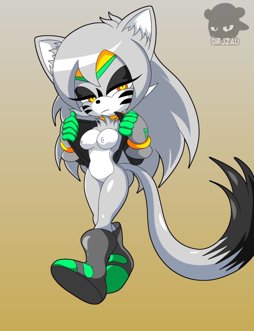 anthro breasts butt exposed_breasts eyeshadow fan_character felid feline felis female fur grey_body grey_fur half-closed_eyes hi_res humanoid makeup mammal narrowed_eyes orange_eyes rauko_the_wildcat_(sirjzau) sirjzau solo wildcat yellow_eyes