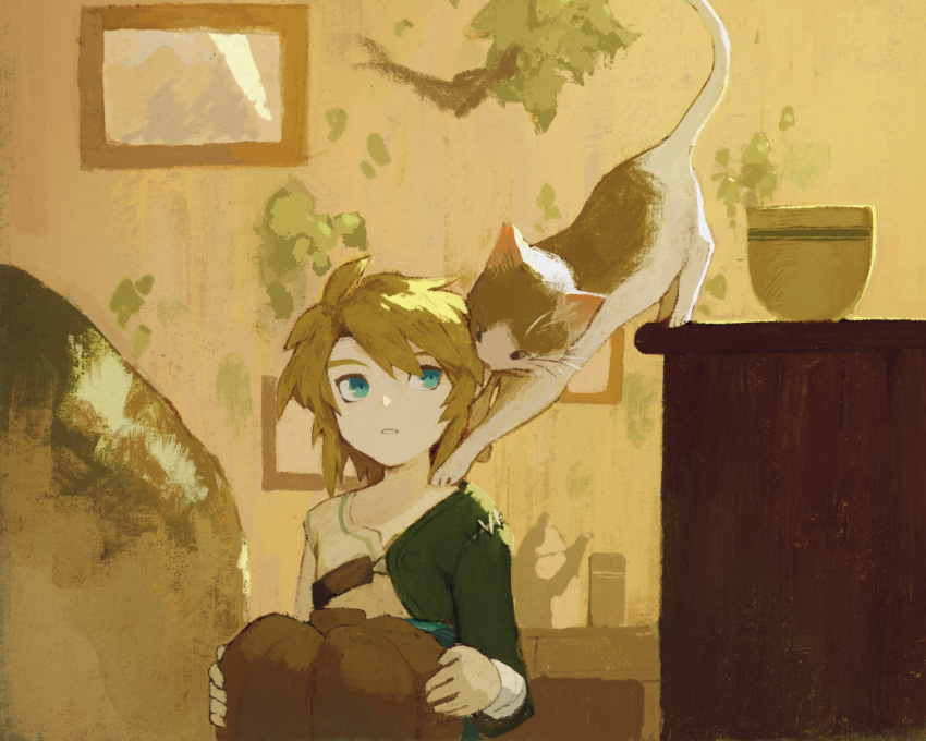 1boy animal bad_arm bandaged_arm bandages bangs blonde_hair blue_eyes cat child food framed_image green_eyes highres holding holding_food holding_pumpkin holding_vegetable indoors link long_sleeves looking_at_animal male_focus medium_hair parted_lips pumpkin sitting solo teeth the_legend_of_zelda vegetable wanome_(wanomenome)