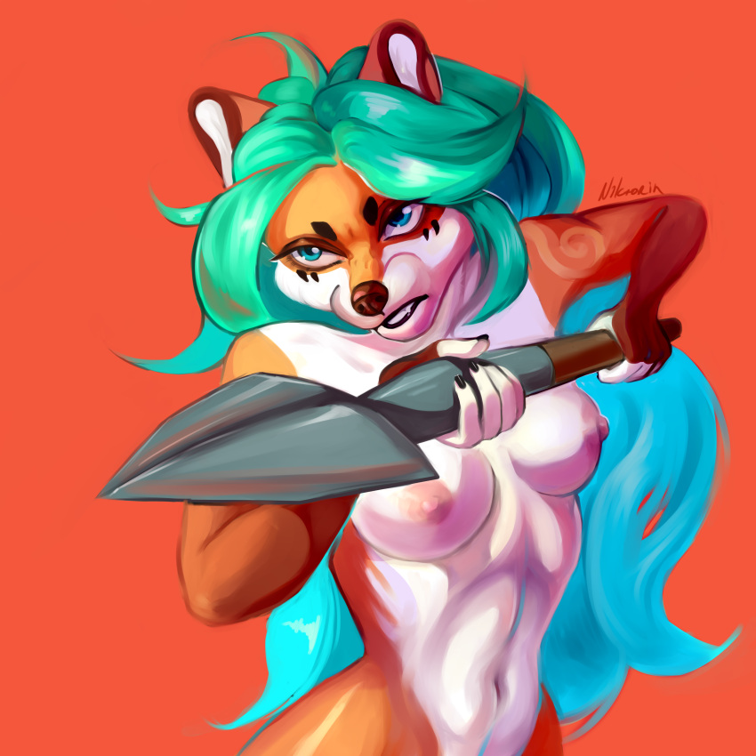 1:1 absurd_res angry anthro baring_teeth blue_eyes blue_hair breasts canid canine countershade_face countershade_torso countershading digital_media_(artwork) digital_painting_(artwork) female fox fur gradient_hair green_hair hair half-length_portrait hi_res holding_object holding_spear holding_weapon kir'hala mammal melee_weapon navel niktarin nipples nude orange_background orange_body orange_fur pink_nipples polearm portrait shaded signature simple_background solo spear teeth threatening weapon white_body white_countershading white_fur