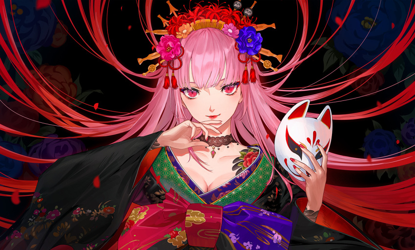 1girl ekao floral_background fox_mask hololive hololive_english holomyth japanese_clothes kimono lipstick long_hair long_sleeves looking_at_viewer makeup mask mori_calliope nail_polish pink_eyes pink_hair smile solo virtual_youtuber