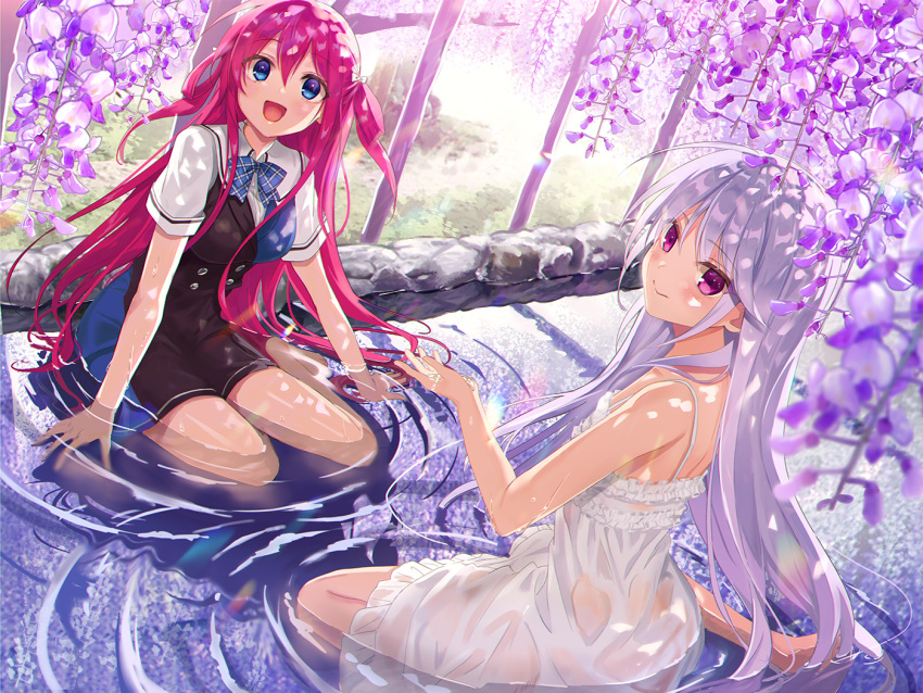 2girls :d bangs barefoot blue_eyes blue_neckwear closed_mouth dress flower frilled_dress frills grisaia_(series) grisaia_no_kajitsu grisaia_no_rakuen hair_between_eyes high-waist_skirt kazami_kazuki long_hair looking_at_viewer medium_dress mimimi_3x3x3 miniskirt multiple_girls open_mouth pink_hair plaid_neckwear purple_eyes shirt short_sleeves shoulder_blades silver_hair sitting skirt sleeveless sleeveless_dress smile soles sundress suou_amane water_surface wet wet_clothes wet_dress white_dress white_shirt wisteria