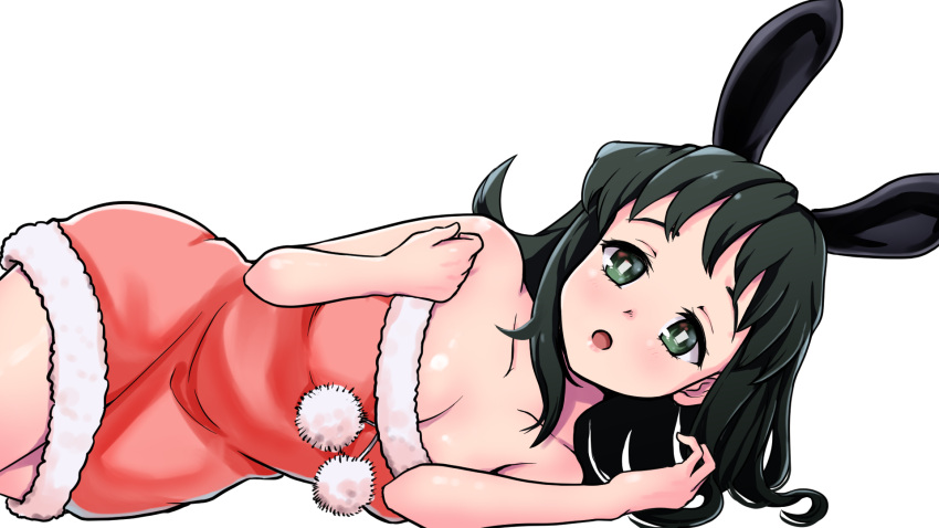 1girl :o alternate_costume blush breasts christmas cleavage green_eyes green_hair highres kimetsu_no_yaiba kwrrrrrr looking_at_viewer lying makomo_(kimetsu) on_side santa_dress simple_background small_breasts solo white_background