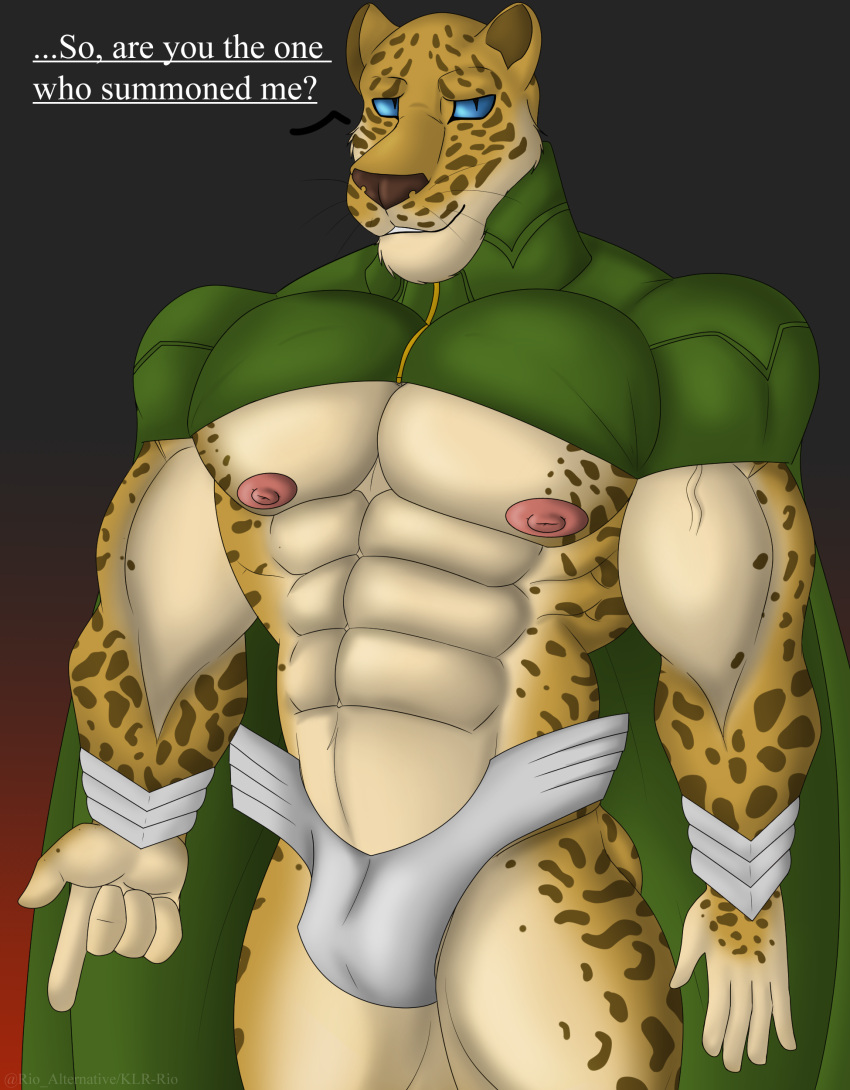 absurd_res anthro armwear atlus barazoku bulge cape cheetah clothed clothing demon digital_media_(artwork) felid feline fur hi_res klr-rio leopard looking_at_viewer male mammal megami_tensei muscular muscular_anthro muscular_male nipples ose_(goetia) pantherine simple_background skimpy smile solo spots_(marking) text tight_clothing video_games whiskers