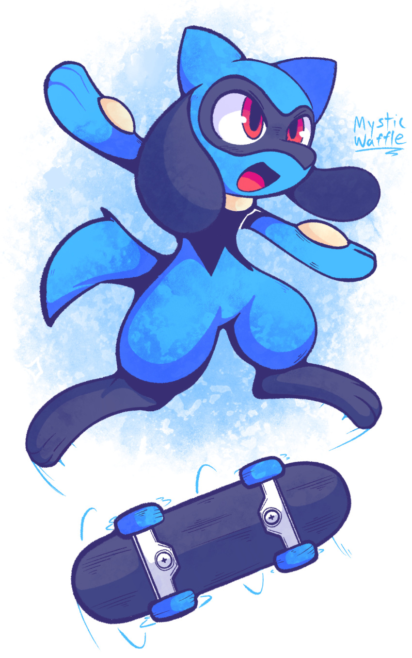 2021 airborne ambiguous_gender anthro blue_body digitigrade hi_res looking_up mysticwaffle032 nintendo open_mouth pok&eacute;mon pok&eacute;mon_(species) red_eyes riolu signature skateboard smile solo spread_arms spread_legs spreading video_games