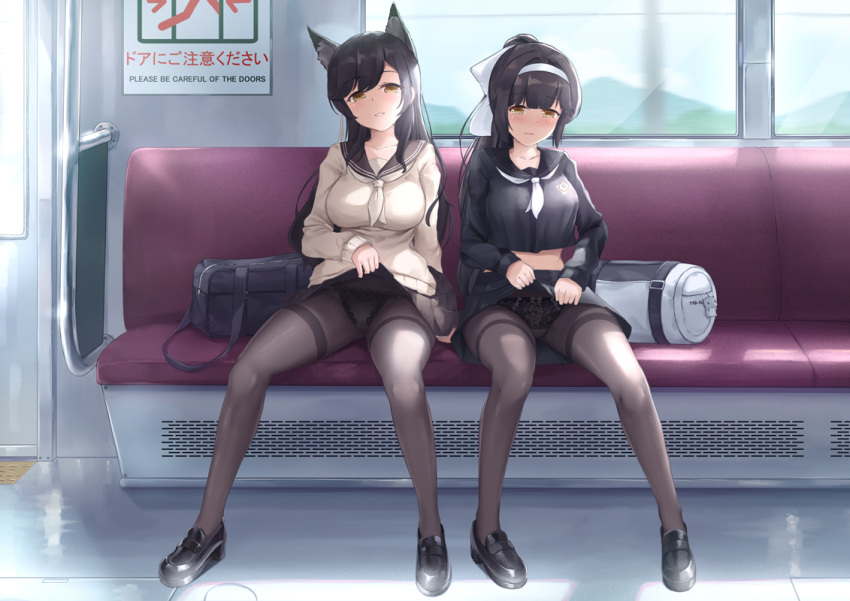 2girls animal_ear_fluff atago_(azur_lane) atago_(school_daydream)_(azur_lane) azur_lane bag beige_sweater black_footwear black_hair black_legwear black_panties black_sailor_collar black_serafuku black_shirt black_skirt blush bow breasts brown_legwear crop_top crop_top_overhang extra_ears eyebrows_visible_through_hair hair_ears hairband joko_jmc lace-trimmed_panties lace_trim large_breasts lifted_by_self long_hair looking_at_viewer midriff miniskirt mole mole_under_eye multiple_girls panties panties_under_pantyhose pantyhose pleated_skirt sailor_collar school_uniform serafuku shirt shoes sitting skirt skirt_lift takao_(academy_romantica)_(azur_lane) takao_(azur_lane) thighband_pantyhose train_interior underwear white_bow white_hairband white_neckwear yellow_eyes