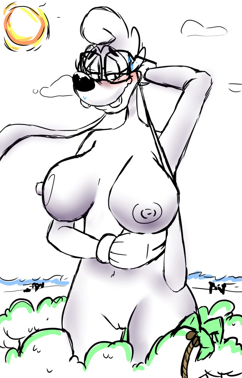 absurd_res anthro big_breasts blush bodily_fluids breasts canid canine canis clothing disney domestic_dog fan_character female gloves goof_troop handwear hi_res island long_ears macro mammal nebula_(toonsexual) nervous nervous_smile nervous_sweat outside sketch solo sweat thick_thighs toonsexual toony