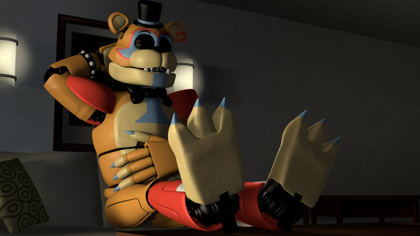 16:9 2020 3_toes 3d_(artwork) 4_fingers 4k absurd_res animatronic anthro barefoot black_nose blue_body bodypaint bracelet claws clothing digital_media_(artwork) drakonn56 ear_piercing ear_ring eyes_closed face_paint fangs feet fingers five_nights_at_freddy's five_nights_at_freddy's:_security_breach foot_fetish foot_focus furniture glamrock_freddy_(fnaf) hand_behind_head hand_on_head hand_on_stomach hat headgear headwear hi_res huge_filesize inside jewelry light machine male mammal multicolored_body multicolored_ears nude orange_body orange_ears painting piercing pillow raised_arm relaxing robot round_ears sharp_claws sharp_teeth shoulder_guards sitting sofa solo source_filmmaker table tan_body tan_ears teeth toe_claws toes top_hat ursid video_games widescreen