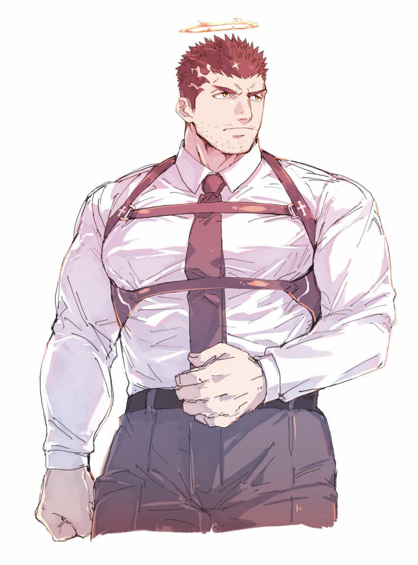 1boy alternate_costume bara between_pecs black_hair bulge chest_harness collared_shirt cropped_legs facial_hair grey_pants halo harness highres looking_to_the_side male_focus muscular muscular_male necktie necktie_between_pecs pants pectoral_press pectorals shirt short_hair sketch solo stubble tokyo_houkago_summoners white_background white_shirt yellow_eyes zabaniya_(tokyo_houkago_summoners) zabaniyan