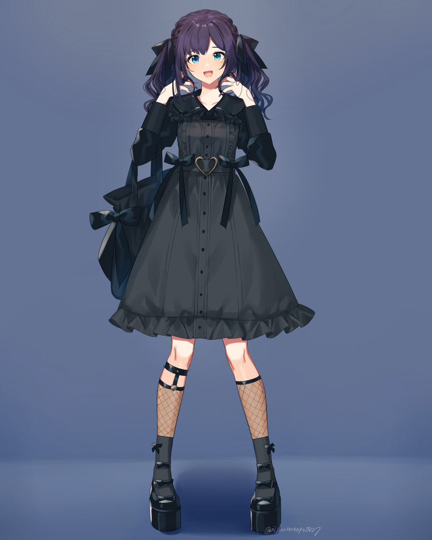 1girl absurdres aiba_uiha bag bangs black_bow black_dress black_legwear blue_bow blue_eyes bow braid dress eyebrows_visible_through_hair fingernails fishnets frilled_dress frills full_body gothic_lolita hair_bow handbag heart highres kneehighs lolita_fashion long_fingernails long_hair long_sleeves looking_at_viewer miyukiyo mole mole_under_eye nijisanji open_mouth platform_footwear purple_hair purple_nails smile solo standing twintails virtual_youtuber