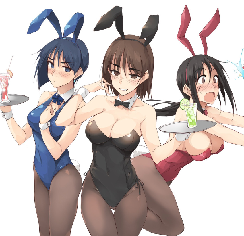 3girls animal_ears asymmetrical_hair bangs black_hair black_legwear black_leotard black_neckwear blue_eyes blue_hair blue_leotard blue_neckwear blush breasts brown_eyes brown_hair bunny_ears bunny_tail cherry cleavage closed_mouth collar commentary_request constricted_pupils covered_navel cup detached_collar drinking_glass drinking_straw earrings eyebrows_visible_through_hair fake_animal_ears fake_tail food frown fruit grin halterneck hand_in_hair hand_on_own_chest highres holding holding_tray jewelry kitano_(zekkyon) large_breasts leaning_forward lemon lemon_slice leotard ligh_xi lime_slice long_hair looking_at_viewer low_ponytail medium_breasts medium_hair multiple_girls neck_ribbon original osawa_(zekkyon) pantyhose playboy_bunny red_leotard red_neckwear ribbon shimorenjaku_(zekkyon) short_hair side-tie_leotard sidelocks simple_background sleeveless smile spilling standing tail thigh_gap tray tripping white_background white_collar wrist_cuffs zekkyon