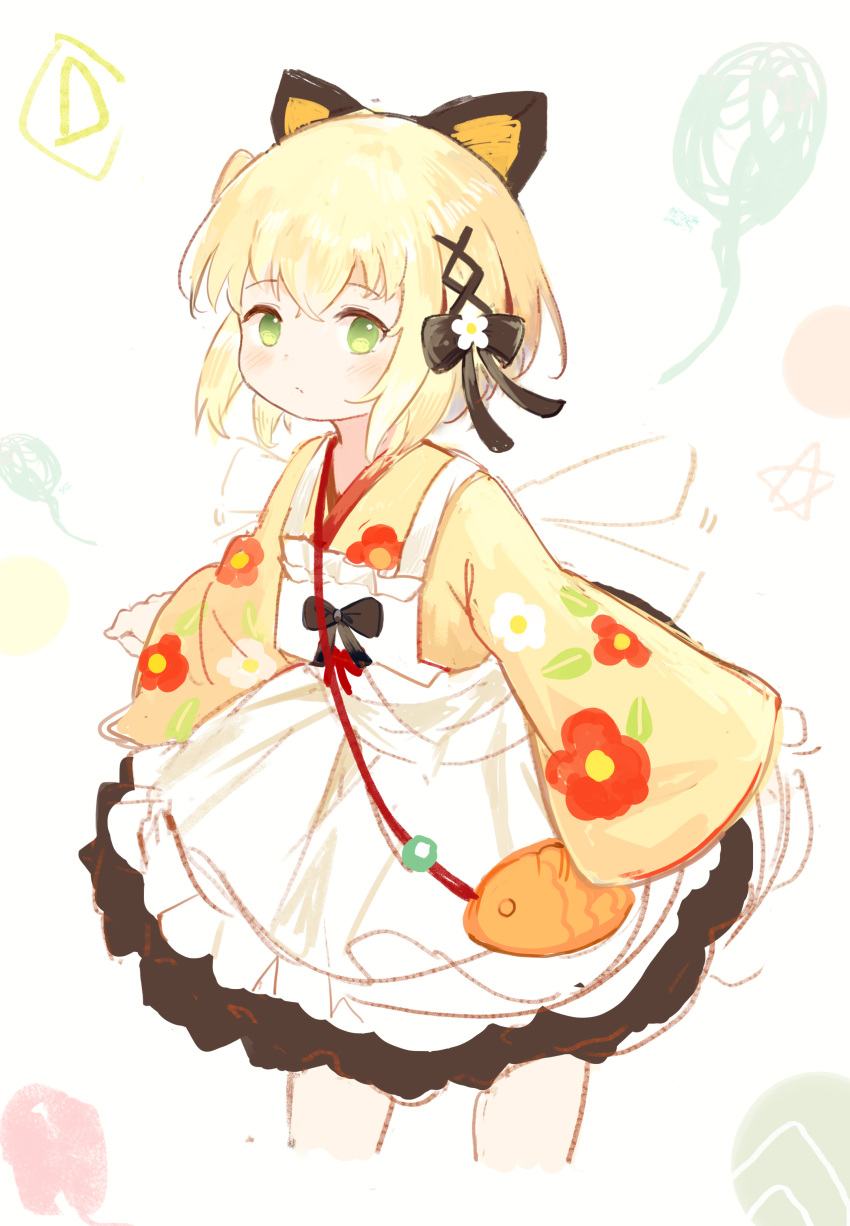1girl absurdres animal_ears apron bangs black_bow black_skirt blonde_hair blush bow brown_kimono closed_mouth cropped_legs eyebrows_visible_through_hair floral_print flower frilled_apron frills green_eyes hair_between_eyes hair_bow hair_ornament highres japanese_clothes kimono leilin long_sleeves looking_at_viewer one_side_up original print_kimono revision short_hair skirt sleeves_past_wrists solo white_apron white_flower wide_sleeves x_hair_ornament