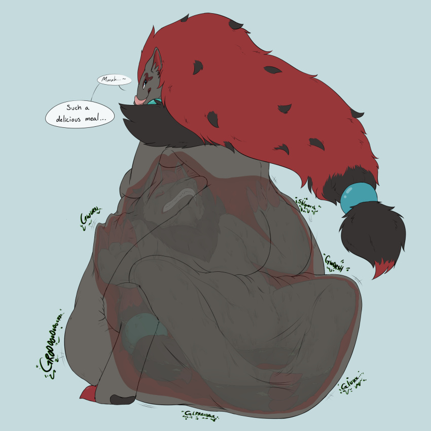 ... 1:1 2021 3_claws 3_fingers 3_toes abdominal_bulge after_vore anthro anthro_domination anthro_pred anthro_prey barefoot barely_visible_breasts belly belly_squeeze big_belly big_butt biped black_body black_fur black_text black_tuft blue_eyes blue_sphere bodily_fluids breasts butt canid canine ceres_(radarn) cheek_tuft claws clenched_teeth cramped dialogue digital_drawing_(artwork) digital_media_(artwork) digitigrade domination duo ear_tuft english_text eyes_closed facial_markings facial_tuft fan_character fangs featureless_breasts featureless_crotch feet female female_domination female_pred finger_claws fingers flat_colors fluffy fluffy_hair forced fur fur_tuft green_text grey_background grey_body grey_fur hair half-closed_eyes hand_on_stomach head_markings hi_res hungry hyper hyper_belly inner_ear_fluff internal jewelry licking licking_lips licking_own_lips long_hair looking_back looking_down lying male male_prey mammal markings mostly_nude motion_lines multicolored_hair narrowed_eyes necklace nintendo nude on_back on_front onomatopoeia oral_vore orb organs partially_submerged paws pingthehungryfox pink_tongue pok&eacute;mon pok&eacute;mon_(species) pushing rai_(radarn) rear_view red_claws red_hair red_markings red_tuft restrained rumbling_stomach same_size_vore satisfied self_lick shaded sharp_claws shoulder_tuft side_boob simple_background smile soft_vore solo_focus sound_effects speech_bubble sphere spread_legs spreading standing stomach stomach_acid struggling teeth text three-quarter_view toe_claws toes tongue tongue_out tuft unwilling_vore video_games vore wet zoroark