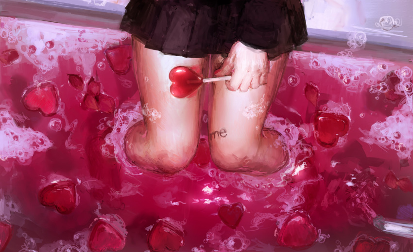1girl absurdres black_skirt bubble candy food hatena_(nazequestion) heart heart-shaped_food highres holding holding_candy holding_food legs lollipop lower_body original pink_theme sitting skirt soaking_feet solo