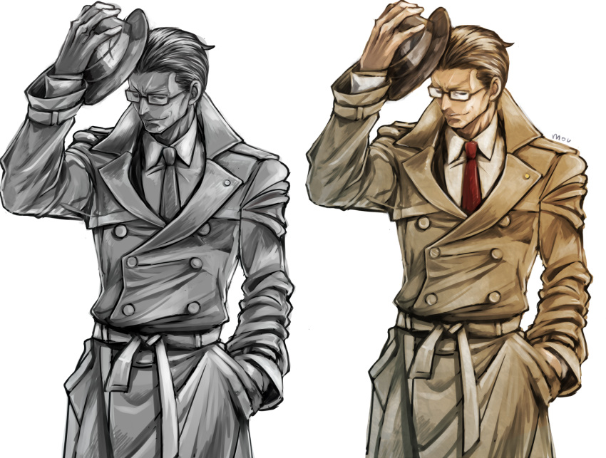 1boy artist_name brown_coat brown_hair brown_headwear coat glasses gyakuten_kenji gyakuten_saiban hand_in_pocket hat hat_removed headwear_removed highres long_sleeves male_focus mitsurugi_shin mov necktie red_neckwear simple_background white_background