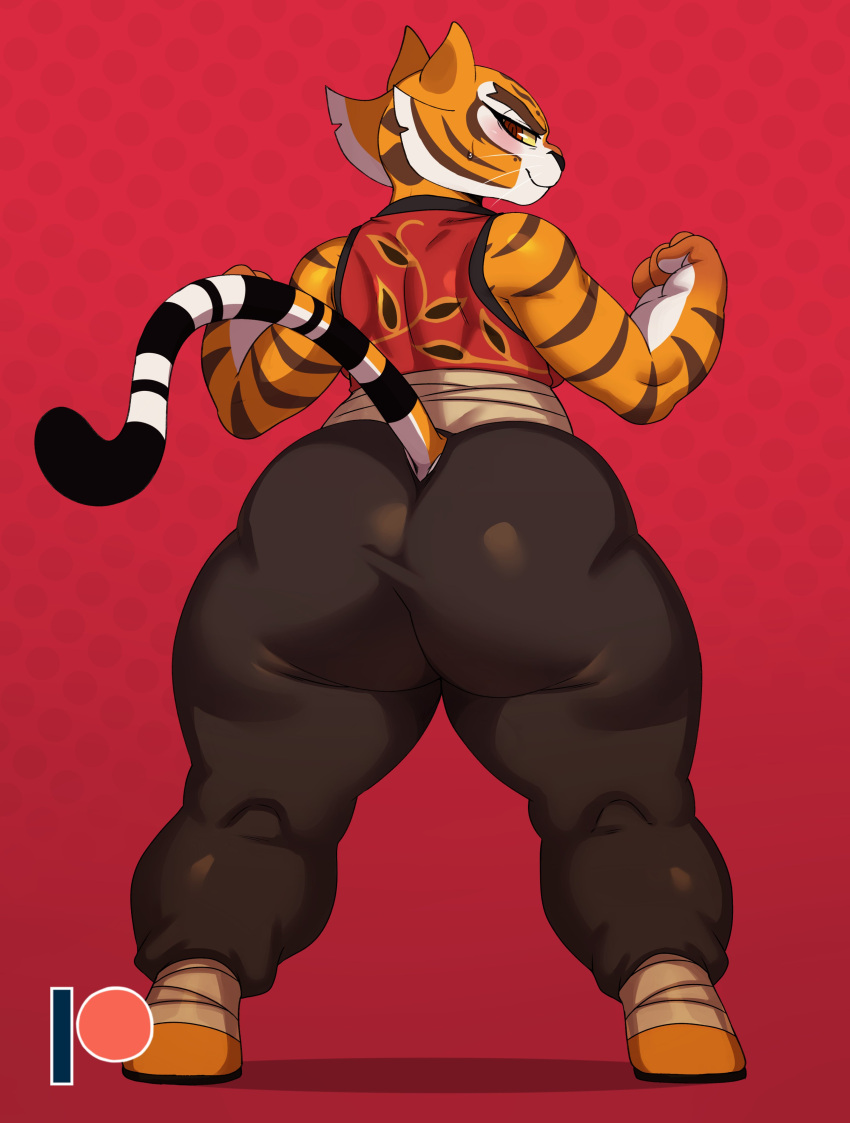 2021 absurd_res anthro big_butt blush butt clothing dreamworks felid female hi_res huge_butt kung_fu_panda looking_at_viewer looking_back mammal master_tigress pantherine solo sssonic2 tiger