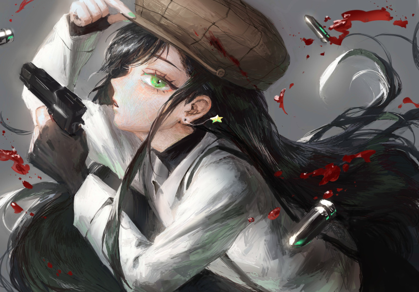 1girl absurdres black_gloves black_hair brown_headwear bullet collared_shirt earrings fingerless_gloves gloves green_eyes grey_background gun hand_up hat hatena_(nazequestion) highres holding holding_gun holding_weapon jewelry long_hair long_sleeves looking_at_viewer original parted_lips profile shirt solo star_(symbol) star_earrings upper_body weapon white_shirt