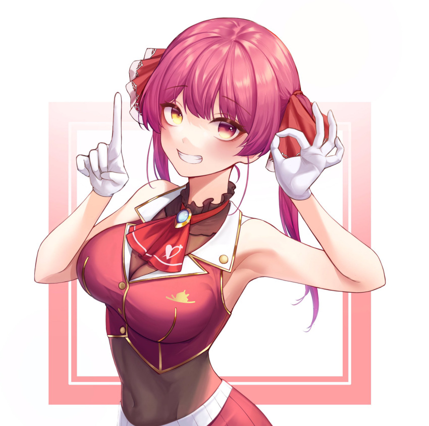 1girl :d armpits bangs breasts cleavage cropped_jacket eyebrows_visible_through_hair gloves groin hair_ribbon half_gloves hand_gesture heterochromia highres hololive houshou_marine large_breasts leotard light_blush looking_at_viewer navel_piercing neckerchief oni0417 open_mouth piercing pink_hair pleated_skirt red_eyes red_neckwear red_ribbon red_skirt ribbon skirt sleeveless smile solo twintails upper_body virtual_youtuber white_gloves yellow_eyes