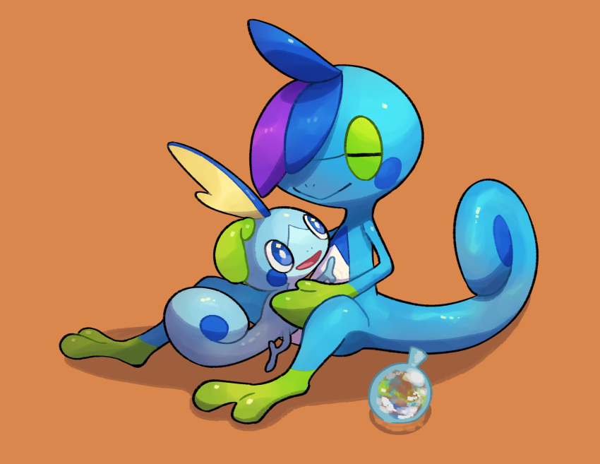 :&gt; blue_eyes closed_eyes closed_mouth commentary_request drizzile gen_8_pokemon highres no_humans nullma open_mouth pokemon pokemon_(creature) shiny sitting smile sobble toes tongue