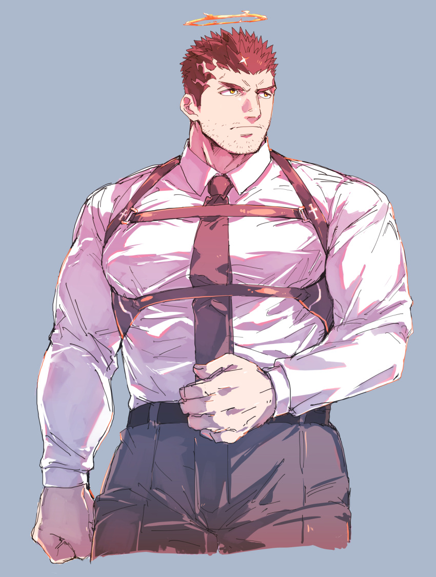 1boy absurdres alternate_costume bara between_pecs black_hair bulge chest_harness collared_shirt cropped_legs facial_hair grey_pants halo harness highres looking_to_the_side male_focus muscular muscular_male necktie necktie_between_pecs pants pectoral_press pectorals shirt short_hair sketch solo stubble tokyo_houkago_summoners white_shirt yellow_eyes zabaniya_(tokyo_houkago_summoners) zabaniyan