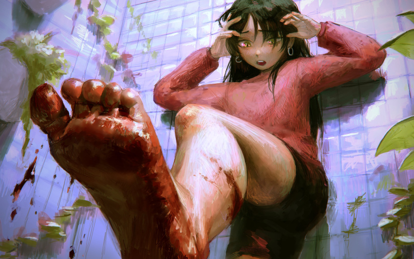 1girl absurdres arms_up barefoot black_hair blood brown_eyes earrings feet foot_focus hatena_(nazequestion) highres hoop_earrings indoors jewelry leaf long_hair open_mouth original pink_shirt plant potted_plant shadow shirt solo