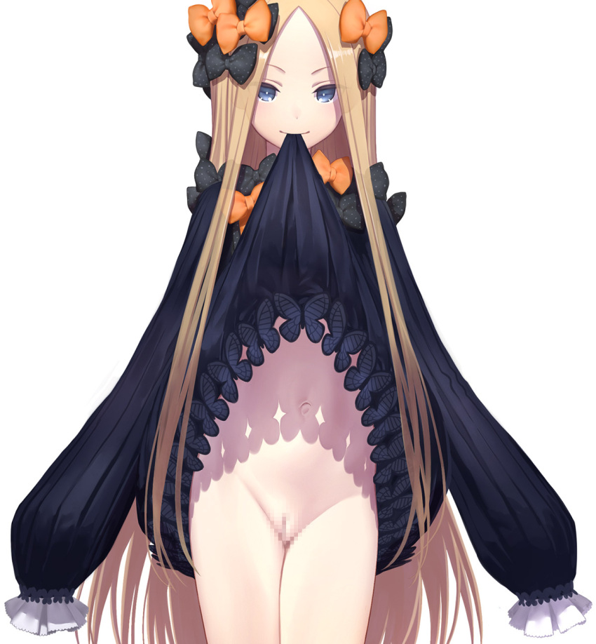 1girl abigail_williams_(fate) bangs black_bow black_dress blonde_hair bow censored closed_mouth cowboy_shot dress dress_lift fate/grand_order fate_(series) frilled_sleeves frills groin hair_bow highres lifted_by_self long_hair looking_at_viewer minazuki_juuzou mosaic_censoring mouth_hold navel no_panties orange_bow parted_bangs polka_dot polka_dot_bow pussy simple_background sleeves_past_fingers sleeves_past_wrists smile solo stomach straight_hair thighs very_long_hair white_background