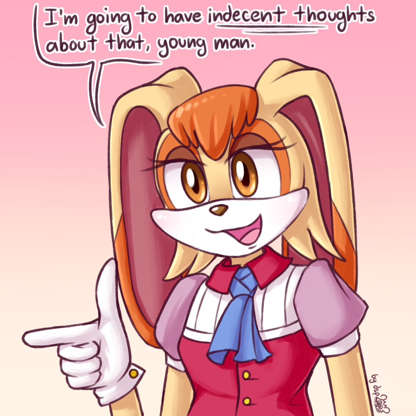 1:1 2020 animal_humanoid anthro blush clothed clothing comic_panel dsp2003 english_text female fully_clothed gesture gradient_background hi_res humanoid i'm_gonna_have_sexual_thoughts_about_that lagomorph lagomorph_humanoid leporid_humanoid mammal mammal_humanoid mature_anthro mature_female meme open_mouth pointing pointing_at_another rabbit_humanoid signature simple_background solo sonic_the_hedgehog_(series) speech_bubble text vanilla_the_rabbit