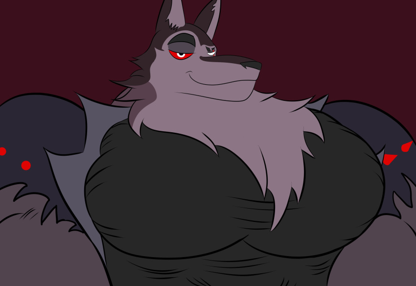 2021 absurd_res anthro canid canid_demon canine canis demon eye_scar facial_scar fur growth hellhound helluva_boss hi_res huge_pecs looking_at_viewer male mammal muscle_growth muscleartguy muscular muscular_anthro muscular_male pecs pecs_expansion scar simple_background smile smirk solo vortex_(vivzmind) wolf