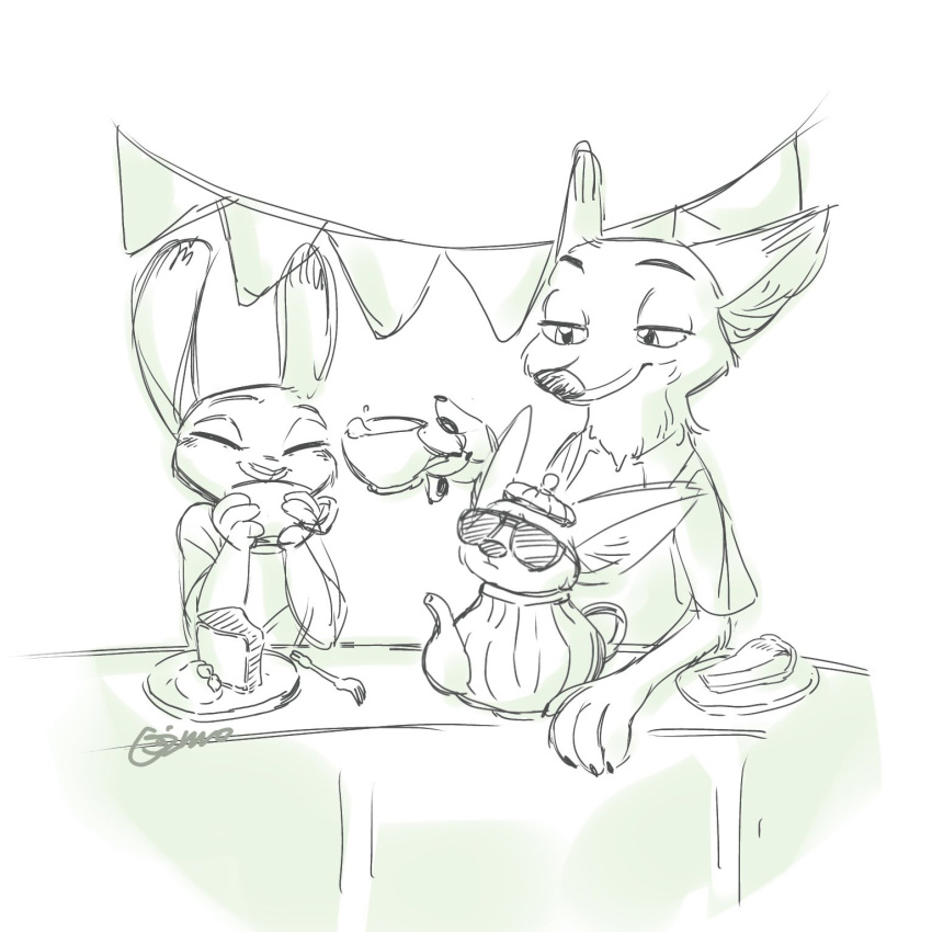 1:1 2020 anthro beverage cake canid canine clothed clothing cup cutlery dessert dipstick_ears disney eyes_closed eyewear fennec finnick food fork fox fur hi_res holding_beverage holding_cup holding_object judy_hopps kitchen_utensils lagomorph leporid mammal monochrome multicolored_ears nick_wilde oimotomeru91 pie plate rabbit red_fox shirt simple_background size_difference sketch smile sunglasses tea_pot tools topwear trio zootopia