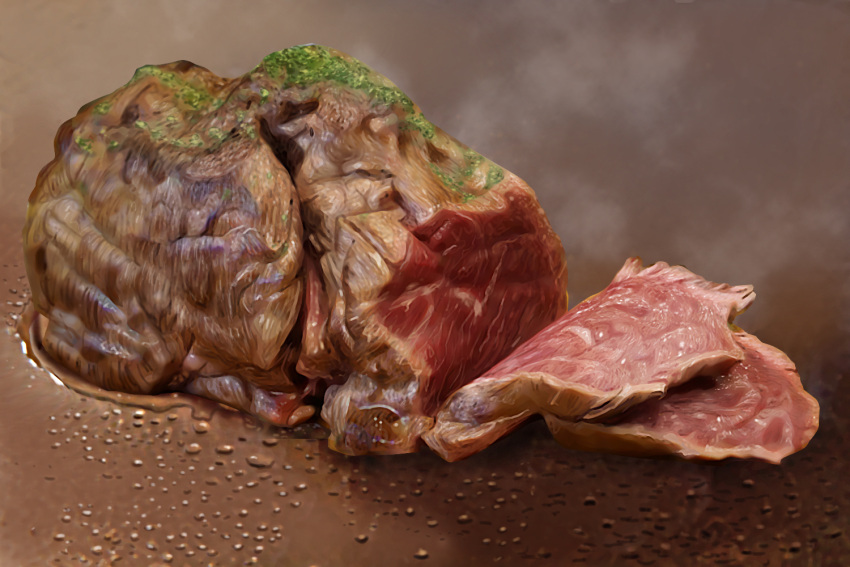 beef condensation food food_focus garnish hokkaido_(artist) meat no_humans original realistic simple_background steam still_life