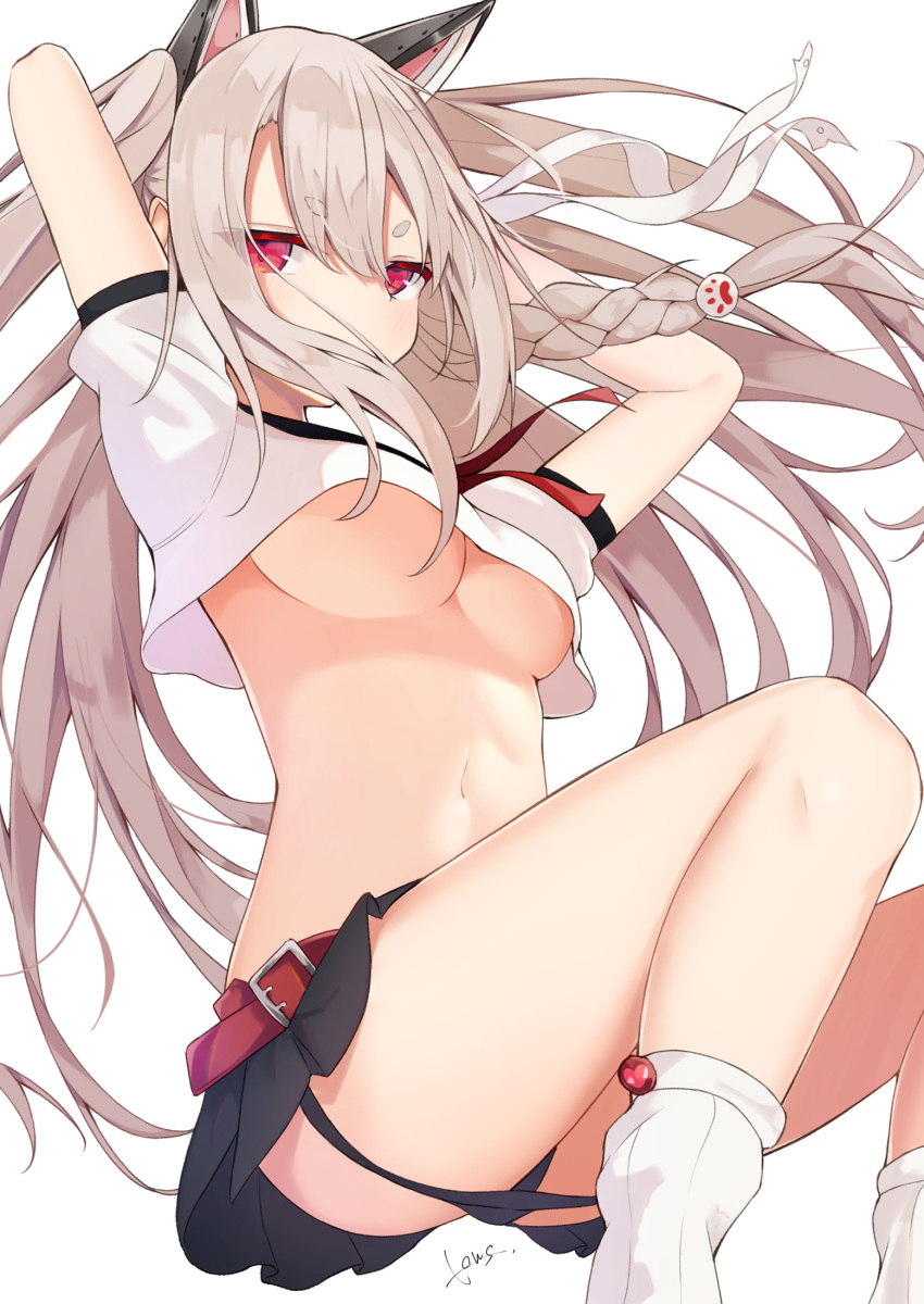 1girl animal_ears azur_lane belt black_panties black_sailor_collar breasts budget_sarashi crop_top eyebrows_visible_through_hair full_body highres long_hair looking_at_viewer lows. microskirt midriff navel no_bra panties pleated_skirt puffy_short_sleeves puffy_sleeves red_belt red_eyes revealing_clothes sailor_collar sarashi school_uniform serafuku short_hair short_sleeves silver_hair simple_background skirt socks solo stomach thick_eyebrows thighs underboob underwear white_background wolf_ears yuudachi_(azur_lane)