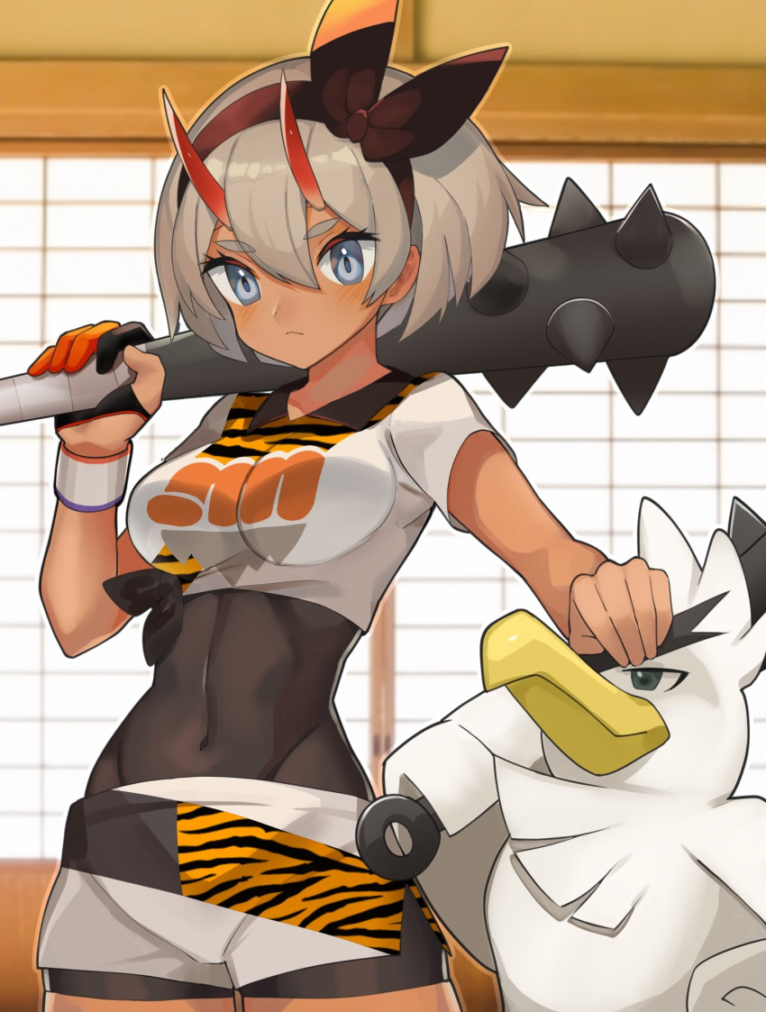 1girl bangs bea_(pokemon) black_bodysuit blush bodysuit bodysuit_under_clothes bow_hairband breasts brown_hairband closed_mouth collared_shirt commentary_request covered_navel dark_skin dark_skinned_female dynamax_band eyelashes gen_8_pokemon gloves grey_eyes grey_hair gym_leader hair_between_eyes hairband highres holding holding_weapon horns indoors katwo oni partially_fingerless_gloves pokemon pokemon_(creature) pokemon_(game) pokemon_swsh print_shirt setsubun shirt short_hair short_sleeves shorts side_slit side_slit_shorts single_glove sirfetch'd tied_shirt weapon