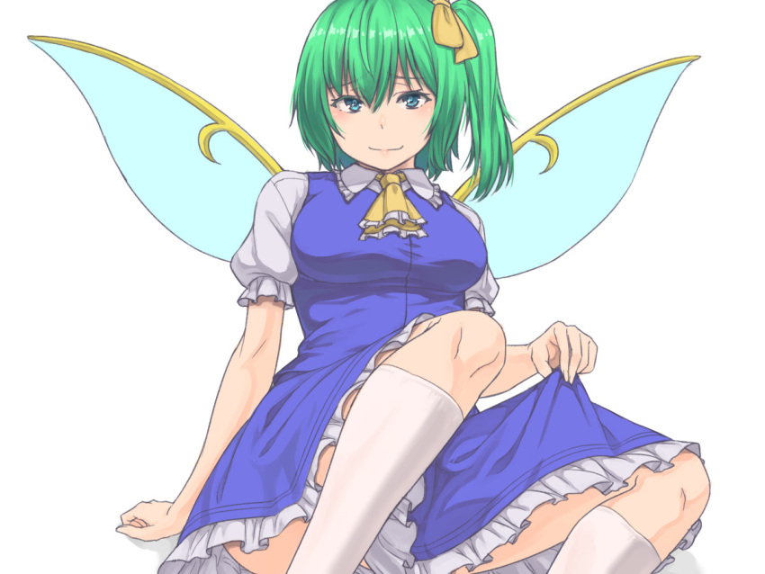 1girl ascot bangs blue_dress blue_eyes blue_wings breasts closed_mouth daiyousei dress eyebrows_visible_through_hair fairy_wings frilled_ascot frilled_sleeves frills green_hair hair_between_eyes hair_ribbon holding holding_clothes holding_dress kakone leg_up looking_at_viewer medium_breasts ribbon short_sleeves side_ponytail simple_background sitting smile solo touhou white_background white_legwear wings yellow_neckwear yellow_ribbon