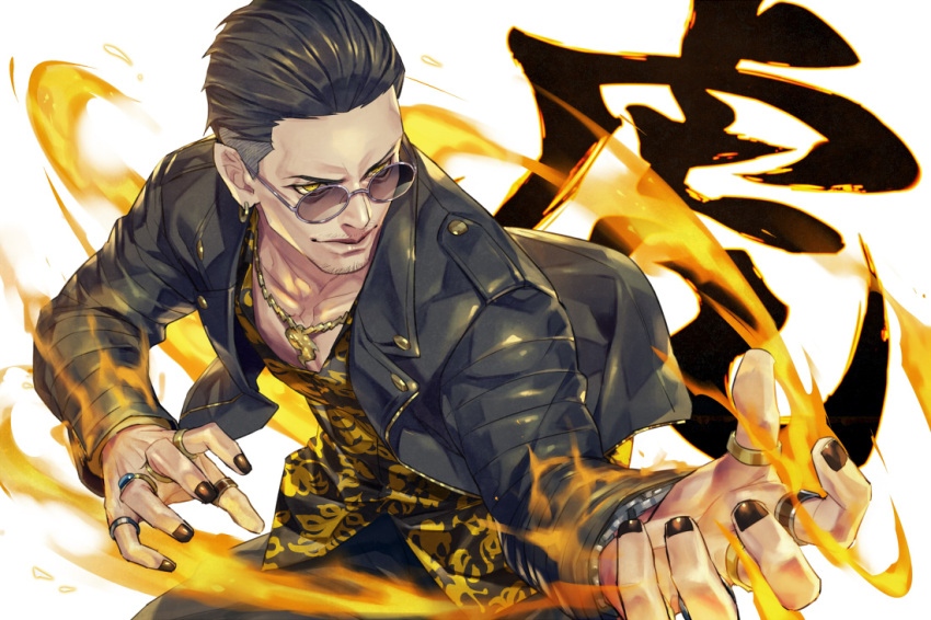 1boy aura black_hair black_jacket black_nails black_pants earrings fighting_stance fire gold_necklace hair_slicked_back hoop_earrings jacket jewelry leather leather_jacket male_focus multiple_rings necklace pants print_shirt ring ryuu_ga_gotoku ryuu_ga_gotoku_7 shirt short_hair sunglasses talgi thumb_ring tinted_eyewear yellow_eyes zhao_tianyou