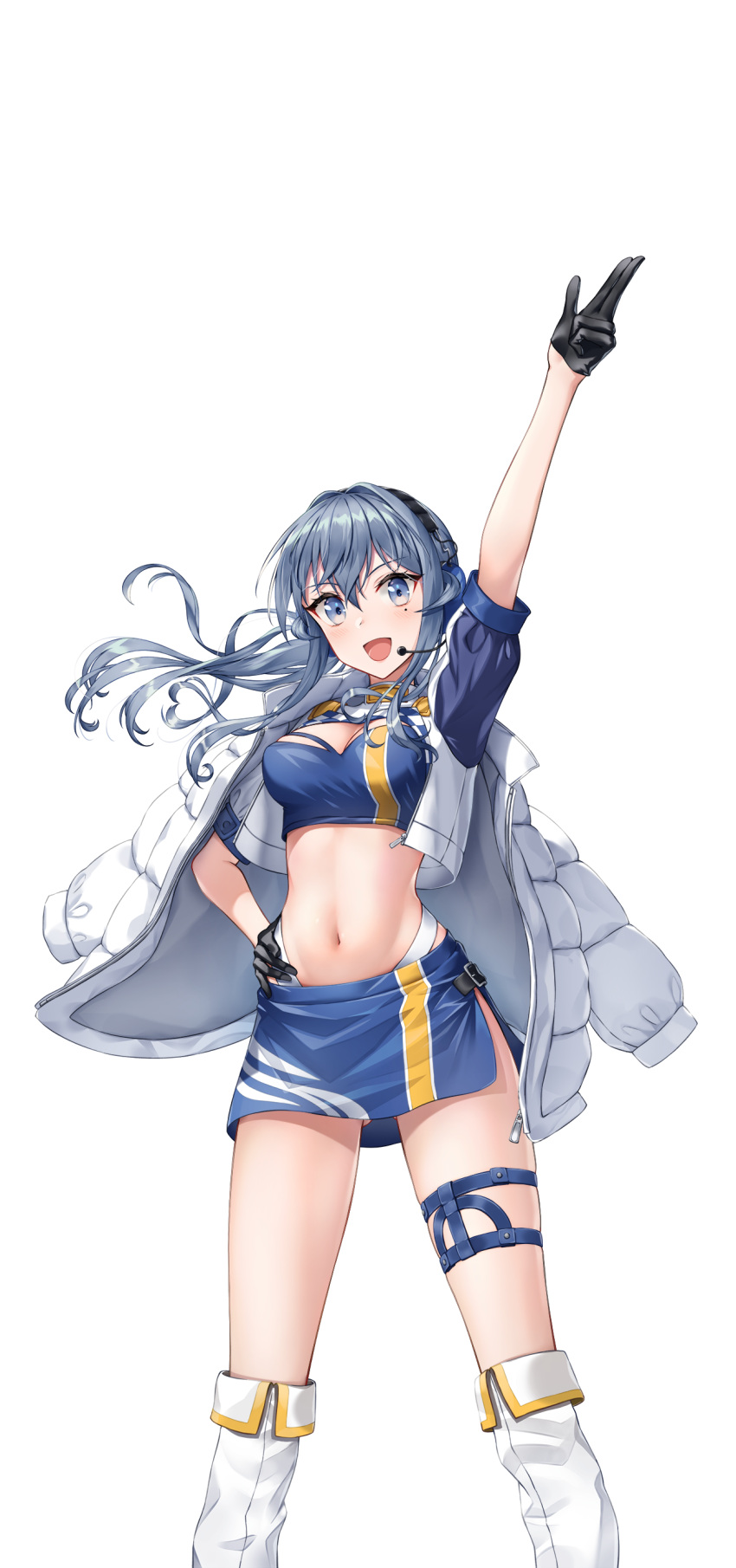 1girl :d absurdres arm_up ass_visible_through_thighs bangs blue_eyes blue_hair blue_skirt boots breasts commentary_request crop_top eyebrows_visible_through_hair flag gloves gotland_(kantai_collection) hand_on_hip headset highres jacket kantai_collection knee_boots long_hair looking_at_viewer medium_breasts midriff miniskirt mixed-language_commentary mole mole_under_eye navel open_mouth race_queen rankebu short_sleeves shorts skirt smile solo standing thigh_strap transparent_background